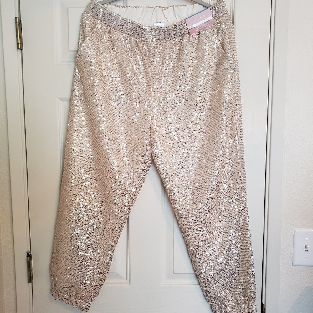 NWT Serra Sequined Jogger Pants (Blush - gold/pink), Lined, Size L